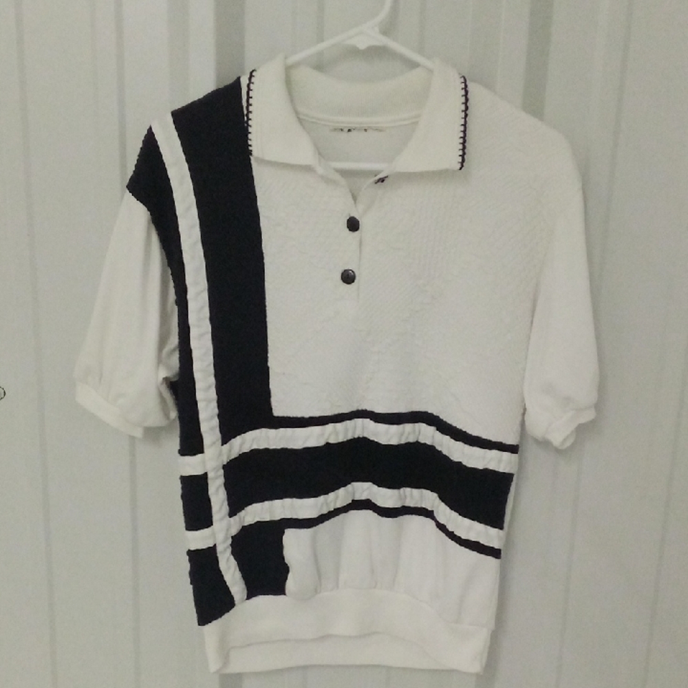 Women's White And Black Stripe Polo Sleeve Shirt